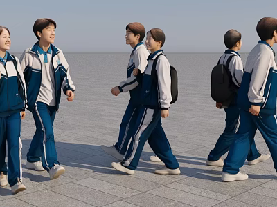 Two Students Walking Together in Blue and White School Uniforms on Paved Ground 3d model