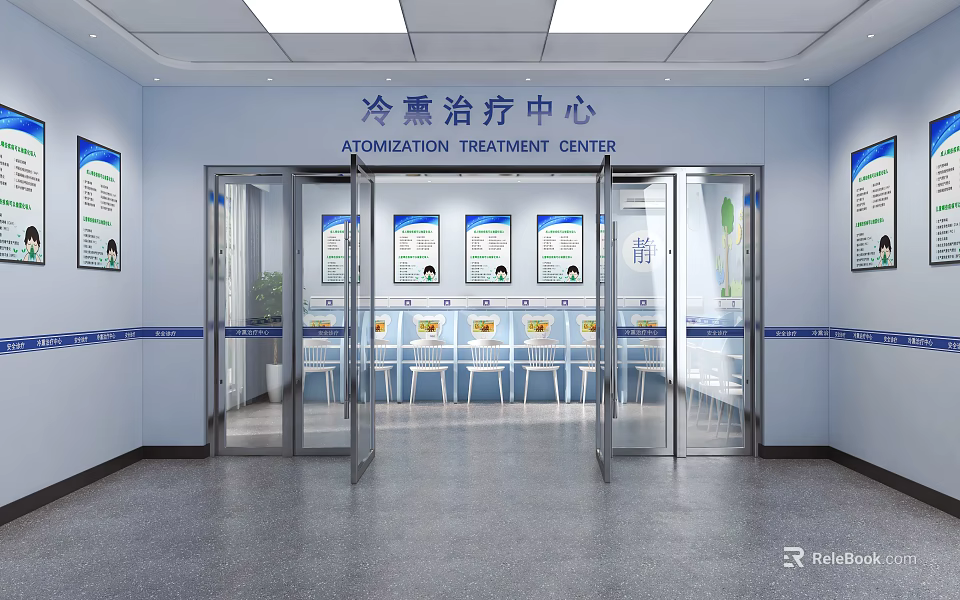 Clean Interior of Atomization Treatment Center With Glass Doors and Medical Posters 3d model 