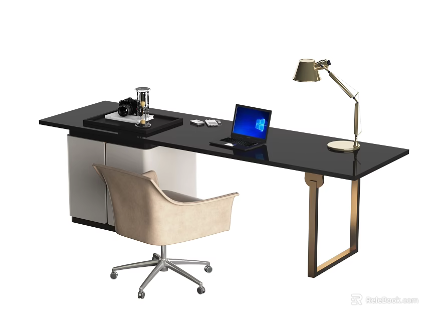 Modern Black Desk With Gold Metal Legs Office Chair Laptop And Desk Lamp 3d model 