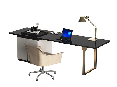 Modern Black Desk With Gold Metal Legs Office Chair Laptop And Desk Lamp 3d model
