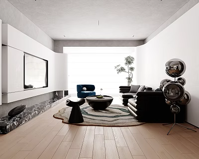 Modern Living Dining Room Interior with TV Wall Black Sofa Round Rug and Potted Plant 3d model