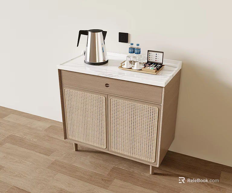 Light Wood Cabinet With Woven Doors And Marble Countertop Featuring Kettle Water Bottles 3d model 