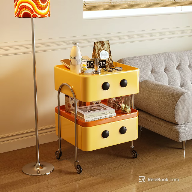 Yellow Modern Side Table With Drawers And Wheels For Living Room Use 3d model 
