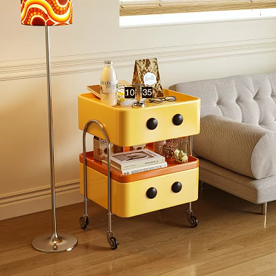 Yellow Modern Side Table With Drawers And Wheels For Living Room Use 3d model