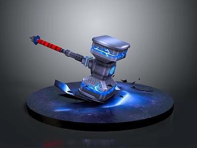 Mechanical Hammer Model With Blue Glowing Accents Red Black Handle And Cracked Display Base 3d model