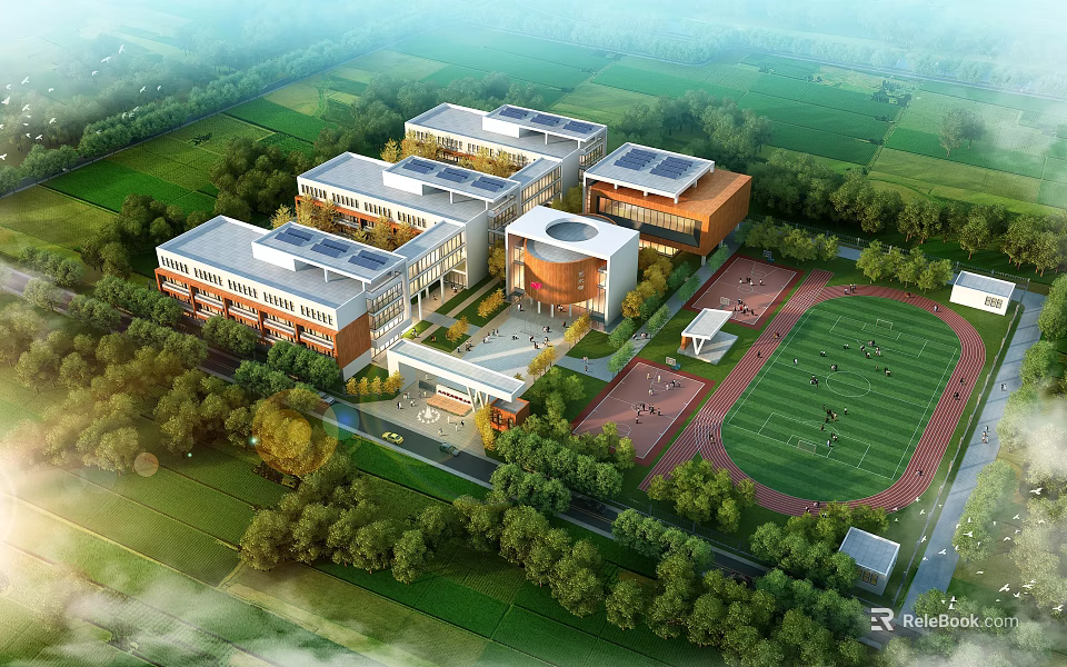 Modern School Buildings With Solar Panels Circular Structure Sports Field Green Lawns And Trees 3d model 