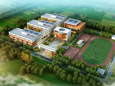 Modern School Buildings With Solar Panels Circular Structure Sports Field Green Lawns And Trees 3d model