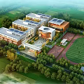 Modern School Buildings With Solar Panels Circular Structure Sports Field Green Lawns And Trees