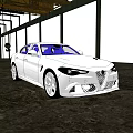 White Sedan With Sleek Body In Industrial Warehouse Setting With Blue Lighting