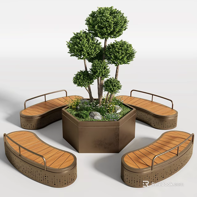 Curved Wooden Outdoor Chairs With Metal Armrests Around Planter And Green Trees 3d model 