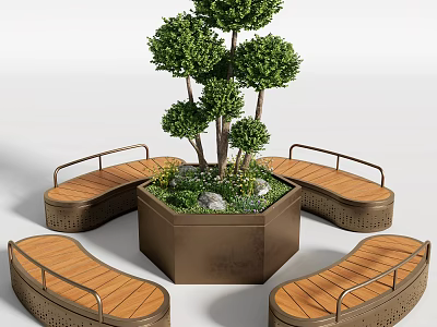 Curved Wooden Outdoor Chairs With Metal Armrests Around Planter And Green Trees 3d model