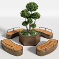 Curved Wooden Outdoor Chairs With Metal Armrests Around Planter And Green Trees