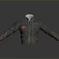 Artistic Carved Jacket Sculpture Featuring Brown Surface Red Badge Zipper And Reflective Background