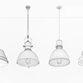 Four Industrial Style Pendant Lights With Metallic Shades And Illuminated Bulbs Hanging From Gray Ceiling