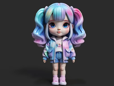 Rainbow Curly Pigtail Doll with Blue Eyes Wearing Stylish Jacket Shorts and Pink Shoes 3d model