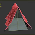 Red Tent Structure With Wooden Support Poles And Gray Platform Base