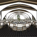 Elegant Banquet Hall Interior With Arched Walls Wooden Ceiling Round Tables And Green Plants