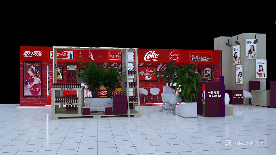 Coca Cola Display Area With Red Background Shelves Drinks Green Plants And White Chairs 3d model 