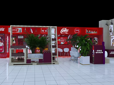Coca Cola Display Area With Red Background Shelves Drinks Green Plants And White Chairs 3d model