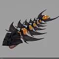 Mythical Fantasy Animal With Multiple Spiked Fins Glowing Orange Orbs Black Eyes And Open Mouth