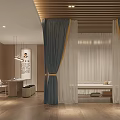 Chinese Tea Room Interior With Wooden Furniture Blue Curtains White Sheer Curtains And Green Plant