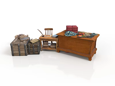 Rustic Interior With Wooden Desk Crates Bookshelf Chair Fabric And Documents 3d model