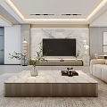 Modern Luxury Open Living Dining Room With Marble Sofa Dining Table TV Wall Pendant Lights