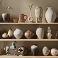 Decorative Ceramic Vessels Displayed On Wooden Shelves With Various Shapes And Textures