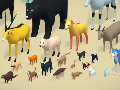 Colorful Stuffed Animal Toys Including Bear Antelope Dog And Cat On Light Background 3d model