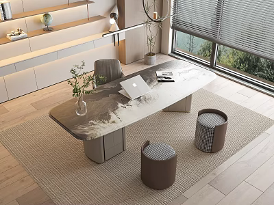 Modern Desk with Marble Top Laptop and Plant Nearby Stools and Natural Light from Window 3d model
