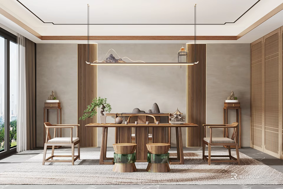Traditional Serene Tea Room Interior With Wooden Table Chairs Tea Sets And Potted Plants 3d model 