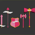 Pink Decorative Weapons Collection With Heart Design Shield Axe And Staff 3d model