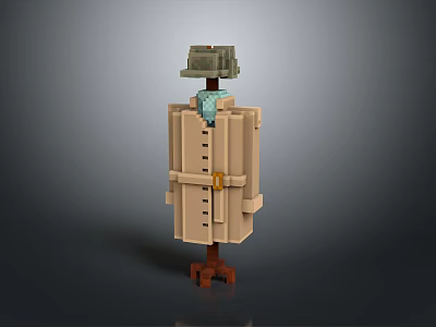 Block Style Mannequin Dressed In Trench Coat With Hat And Scarf On Wooden Stand 3d model
