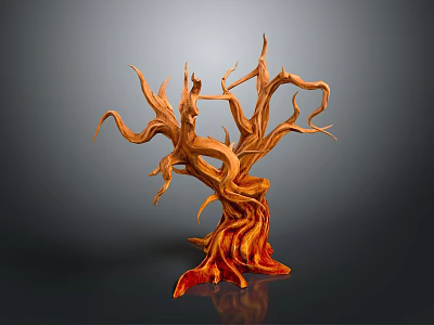 Unique Dead Tree With Twisted Branches And Reddish Brown Trunk Against Gray Background With Reflection 3d model