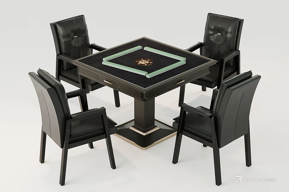 Elegant Black Leather Chairs With Square Wooden Table Set For Game Room 3d model 