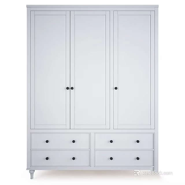White Wardrobe Featuring Multiple Doors Drawers And Black Knobs Design 3d model