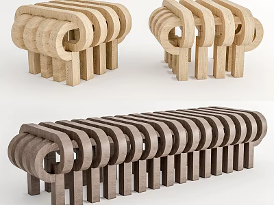 Modern Wooden Stools With Curved Slats And Unique Natural Wood Design 3d model