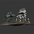 Three Detailed Multi Legged Mechanical Creatures In Action Poses On Rock Base