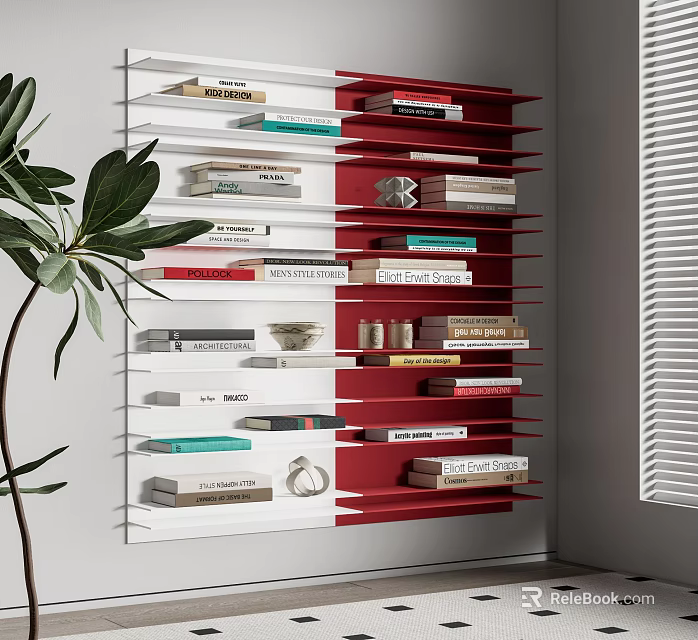 Stylish Red White Bookcase Featuring Multiple Shelves Books Decorative Pieces And Potted Plant 3d model 