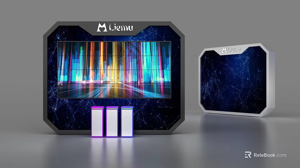 Modern Display Shelves With Mienu Brand LED Lights And Colorful Tech Design 3d model 
