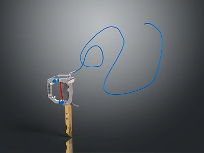 Silver Metal Key Shaped Pendant Necklace With Blue Cord And Red Accent 3d model