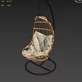 Modern Wicker Hanging Chair With White Cushions Metal Stand And Wooden Floor