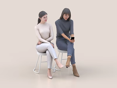 Two Women Sitting on White Chairs with Light Background One Holding Mobile Phone 3d model