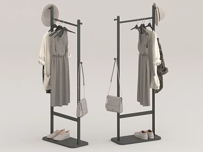 Stylish Clothes Display With Dresses Tops Hats Bags And Shoes On Racks 3d model