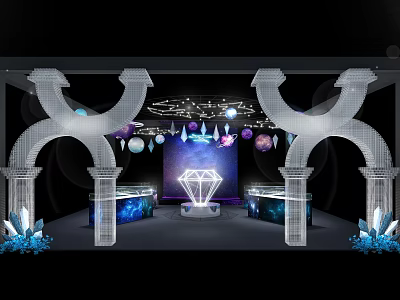 Modern Exhibition Booth Design With Arched Structures Diamond Logo Decorative Orbs And Blue Purple Background 3d model