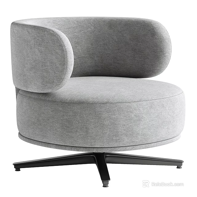 Modern Gray Upholstered Accent Chair with Curved Arms and Swivel Metal Base 3d model 