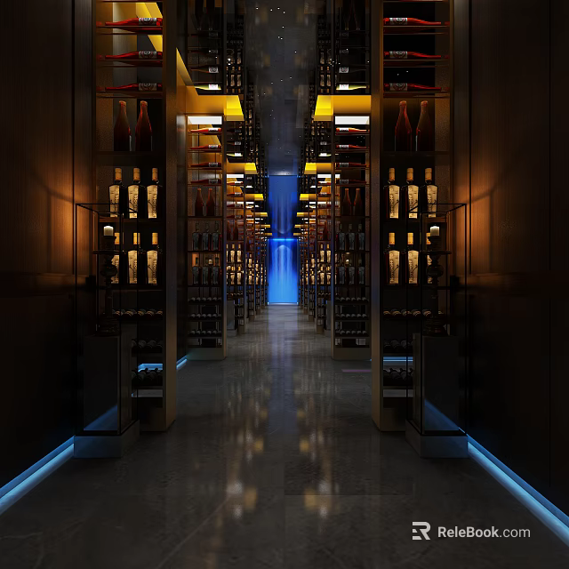 Modern Elevator Hallway With Illuminated Display Shelves Warm Yellow And Blue Lighting Decorative Arrangements 3d model 