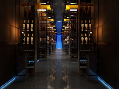 Modern Elevator Hallway With Illuminated Display Shelves Warm Yellow And Blue Lighting Decorative Arrangements 3d model
