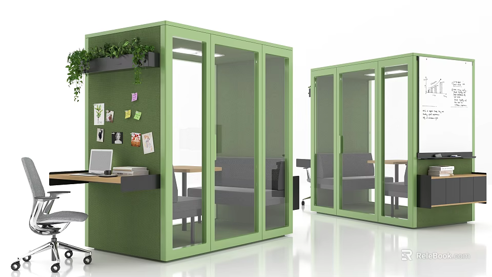 Green Office Cubicle Interior With Glass Doors Desk Chair And Plants 3d model 