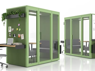Green Office Cubicle Interior With Glass Doors Desk Chair And Plants 3d model